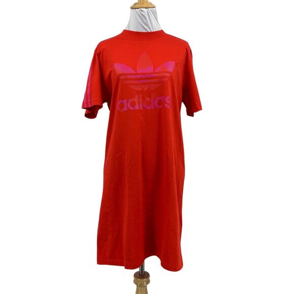 Adidas x Marimekko T Shirt Dress Womens S Small Red Pink Finnish Trefoil Infill - Picture 1 of 11